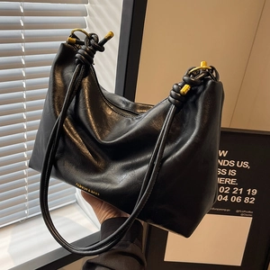 Large black PU leather Hobo bag with stylish gold knotted metal buckles for women