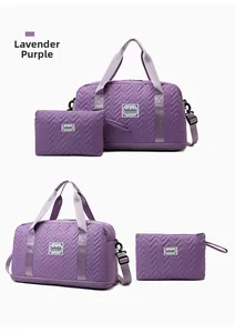Detail of taro purple quilted travel bag set with herringbone texture and shoulder strap