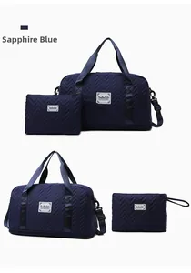 Detail view of sapphire blue quilted travel bag set with matching small storage pouch