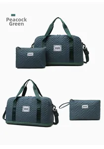 Peacock green travel bag set with V-quilted stitching and adjustable shoulder strap