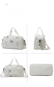 Detailed 360-degree view of beige chevron quilted travel bag with adjustable strap