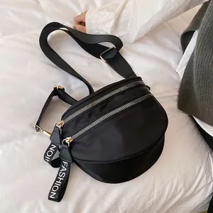 Stylish Women's Nylon Crossbody Bag Features Double Zipper And Wide Letter Print Strap Half Moon Shape Chest Bag For Daily Use