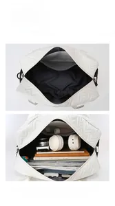 Quilted white travel bag interior compartments shown empty and filled with essentials