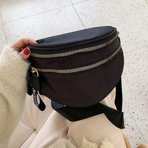 Stylish black nylon half-moon crossbody bag with double gold zippers and fashion straps
