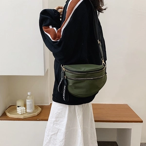 Olive green nylon crescent crossbody bag with double layers and fashion ribbon detail