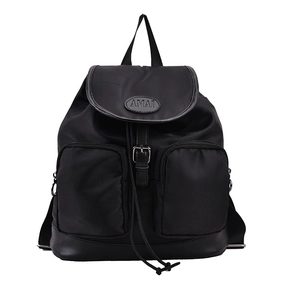 Large capacity black nylon backpack for women with flap cover and front zipper pockets