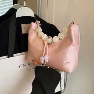 New Chinese Style Women Jacquard Floral Embroidered Handbag Cloud Pleated Shoulder Bag Artificial Pearl Handle Chain Satin Retro Bag
