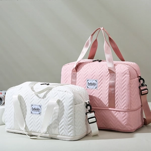 Quilted large capacity fitness travel bag set with adjustable straps in pink and white