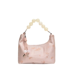 Pink cloud handbag with Chinese floral jacquard patterns and elegant pearl beaded handle