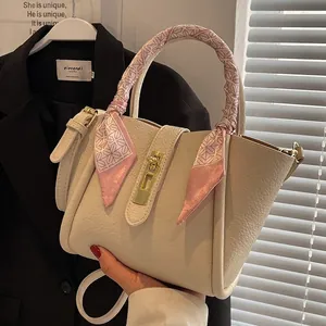 Women Large Capacity Bucket Bag PU Leather Litchi Grain Handbag With Silk Scarf Decor Metal Rotary Lock Crossbody Bag