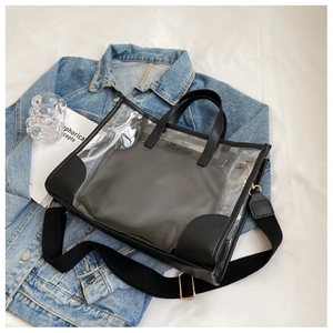 Detail of transparent PVC tote bag with black leather trim and offbetter inner pouch