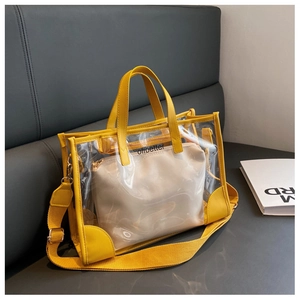 Detail of yellow transparent PVC tote with adjustable wide strap and inner pouch