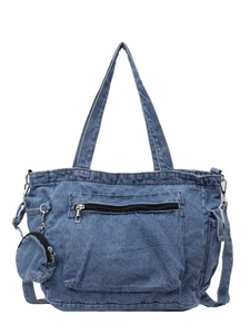Borsa tote in denim blu con tasca zip, tasche laterali e piccolo borsellino rotondo