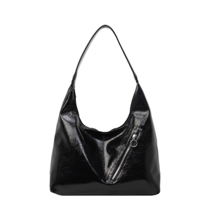 Large black Hobo shoulder bag with glossy crinkled leather and diagonal zipper detail