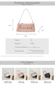 Detailed size chart for the PU quilted shoulder bag with dimensions and multi-color options