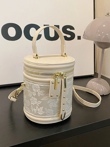 Women Elegant Embroidery Bucket Bag Floral Butterfly Pattern PU Leather Cylinder Crossbody Bag For Party Daily Fashion Handbag