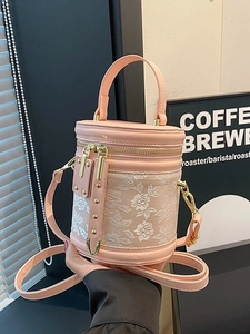 Pink Chinese-style bucket bag with floral embroidery and detachable shoulder strap