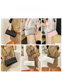 Collage of quilted square crossbody bags in black silver pink and white with metal logo