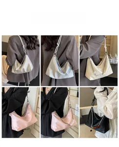 Collage of chic underarm bags in silver, white, pink and black with pearl chain details