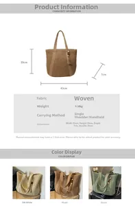 Detailed dimensions for the straw woven tote bag featuring size specs and color options