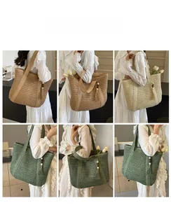 Detailed views of woven straw tote bags in various colors with tassels and beads