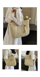 Detail of hand-woven straw tote bag with decorative tassels and dark brown wooden beads