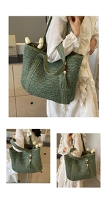 Detail of green straw tote bag with tassel charm and large storage capacity