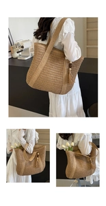 Close-up of woven straw tote bag featuring detailed hollow-knit texture and tassel charm