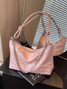 Women Hobo Underarm Bag PU Leather Silver Chain Beaded Decoration Knotted Strap Zipper Closure Shoulder Bag For Daily Party Fashion