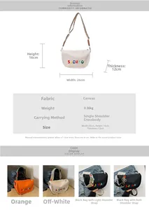 Detailed size specifications for canvas crossbody bag with measurements and color options
