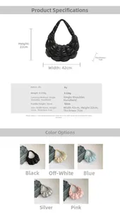 Detailed dimensions and color options for the ruched faux leather shoulder dumpling bag