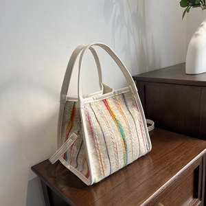 Bunte gestreifte gewebte Handtasche mit Kunstlederbesatz und abnehmbarem Schultergurt
