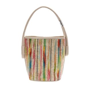 Sac fourre-tout tissé à rayures colorées avec anses en cuir blanc et métal argenté