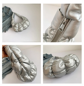 Detail shots of a metallic silver pleated shoulder bag with crescent cloud texture