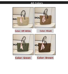 Detailed view of woven straw tote bags in four colors with decorative floral silk scarves