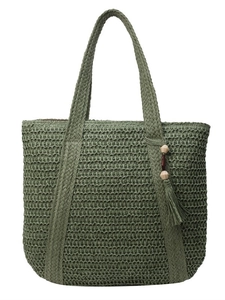 Sage green woven straw tote bag with wide handles and bohemian tassel decoration