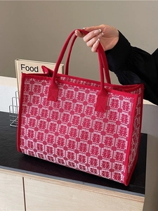 Red and white woven wedding tote bag featuring traditional Chinese Xi character pattern