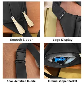 Détails du sac bandoulière en nylon noir avec fermetures éclair, boucle et poche interne