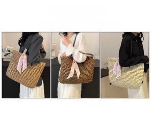 Straw woven tote bags in beige and khaki shown with floral scarf detail on shoulder straps