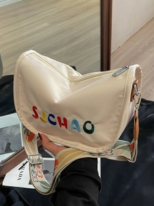 Women Casual Canvas Crossbody Bag Letter Embroidery Half Moon Bag Wide Patterned Strap Fashion Shoulder Bag Versatile Travel Purse