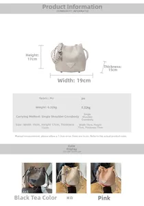 Size chart showing PU leather drawstring bucket bag dimensions 19x17x15cm with metal chain