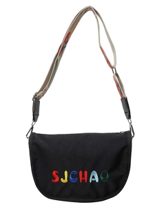 Chic black half-moon canvas crossbody bag with SJCHAO embroidery and a wide woven strap