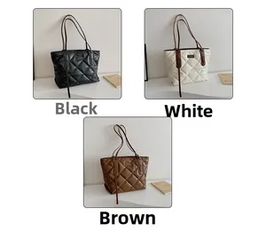 Detailed comparison of quilted tote bags in black, white, and brown with sleek leather finish