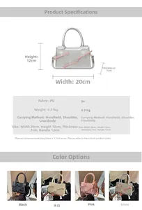 Detailed size chart and multi-color options for the bow-decorated PU tote handbag