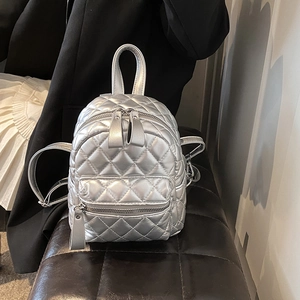 Fashion Women Mini Quilted Backpack PU Leather Metallic Silver Black White Small Chic Rucksack For Daily Dating Shopping