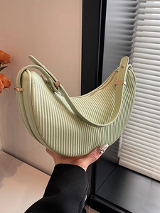 Women Pleated Half Moon Shoulder Bag PU Leather Minimalist Underarm Crossbody Bag Solid Color Fashion Handbag For Daily