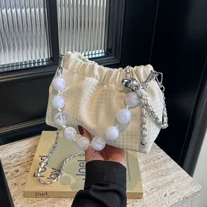 New Chinese Style Pleated Cloud Bag With Large Resin Bead Handle PU Leather Fashion Crossbody Shoulder Bag For Women Handbag