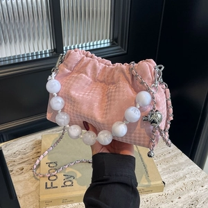 Pink pleated cloud handbag with marble bead handle and metallic chain strap