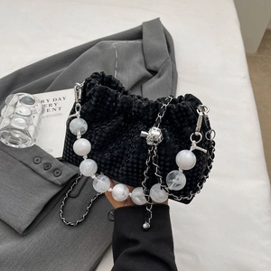 Fashionable houndstooth cloud bag with large marble beads handle and metal chain strap