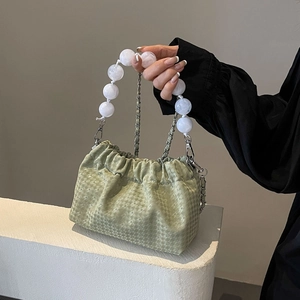 Modern light green ruched cloud bag with pearl handle and silver chain strap